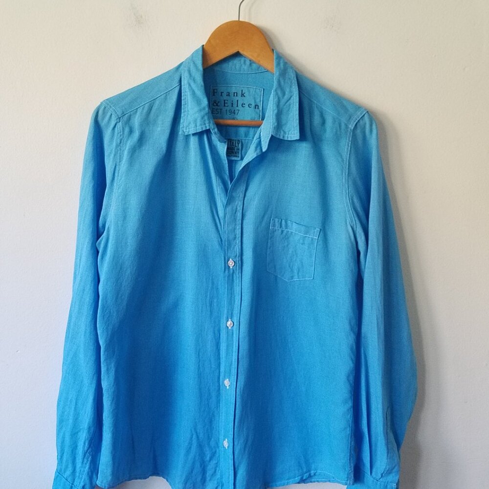 Frank & Eileen Barry 100% Linen Button Front Blue Long Sleeve Shirt Size Large - Picture 3 of 11